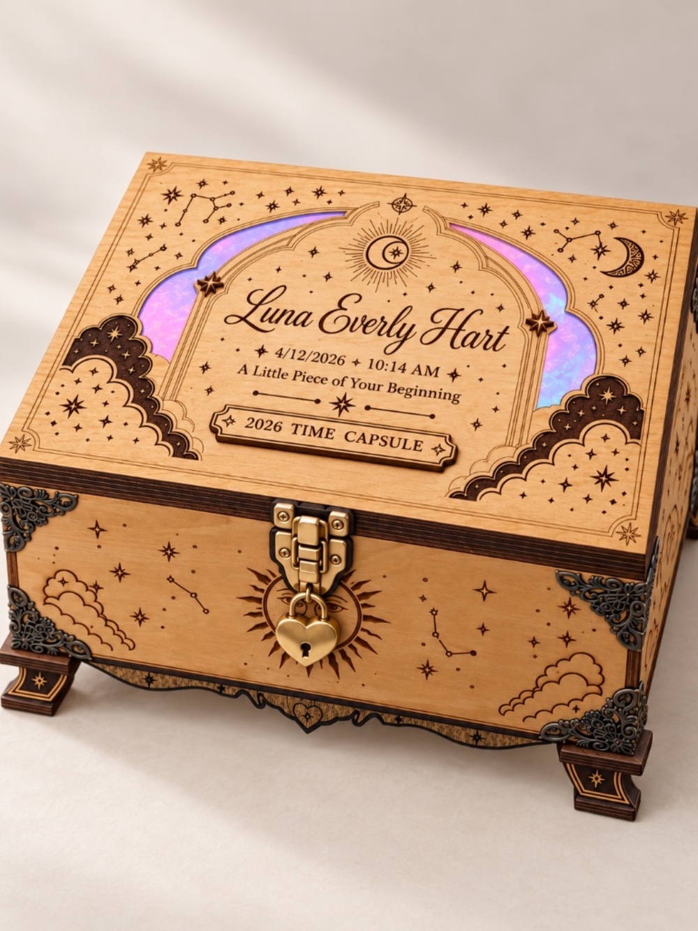 Personalized Baby Time Capsule Box, Celestial Basswood Keepsake Chest with Heart - Picture 2 of 6